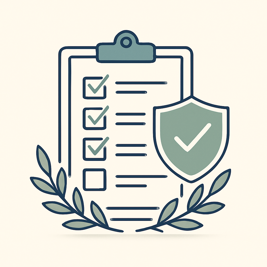 Illustration of a checklist clipboard with a sage green verification shield